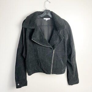 FavLux Lightweight Corduroy Sherpa Moto Cropped Jacket Medium Black